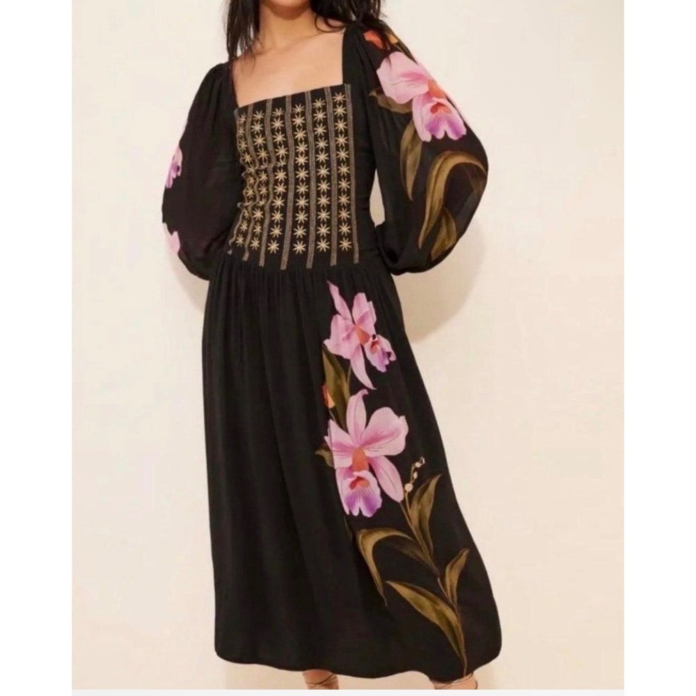 Farm Rio for Anthropologie Black Floral Gold Embroidered Midi Dress Medium